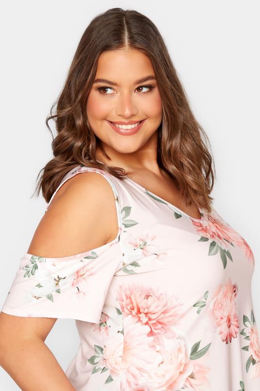 YOURS LONDON Plus Size Light Pink Floral Print Cold Shoulder Top | Yours Clothing 4