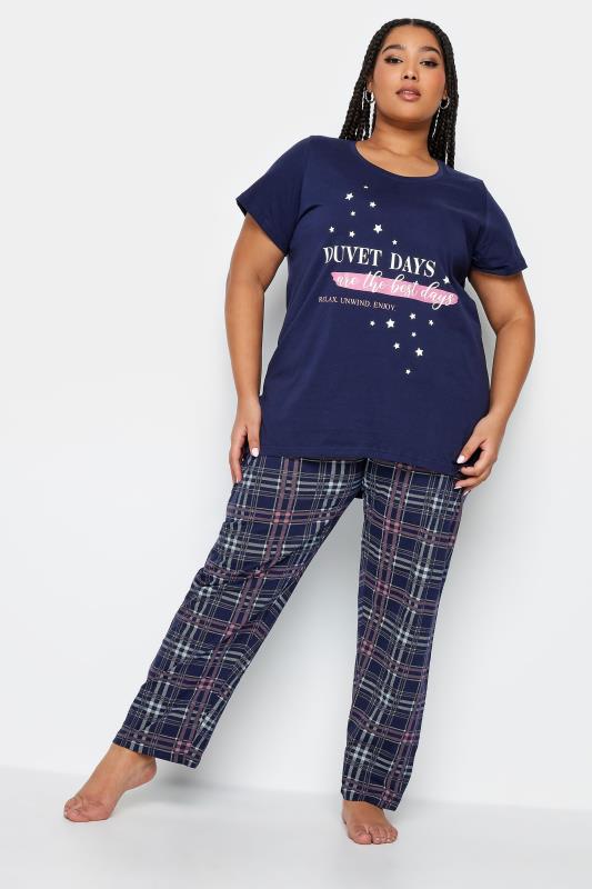 YOURS Plus Size Navy Blue 'Duvet Days' Slogan Check Print Pyjama Set | Yours Clothing 2
