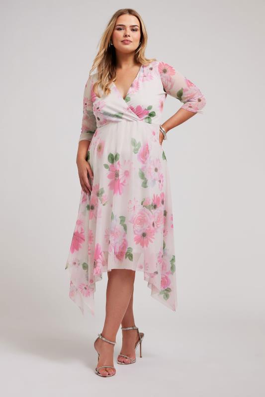 YOURS LONDON Plus Size Pink Floral Print Hanky Hem Dress | Yours Clothing 2