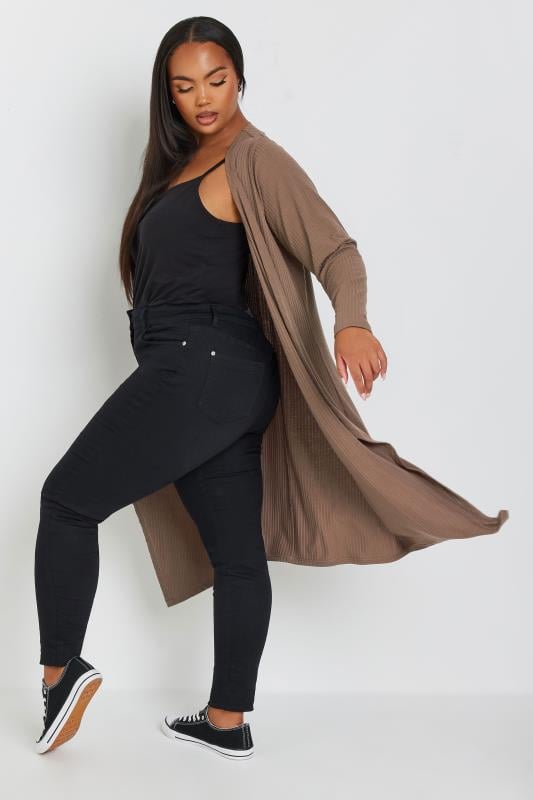 YOURS Plus Size Brown Ribbed Waterfall Maxi Cardigan | Yours Clothing  3