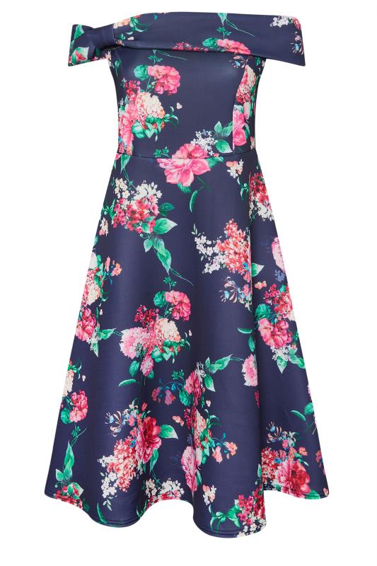 YOURS LONDON Curve Navy Blue Floral Bardot Skater Dress | Yours Clothing 5