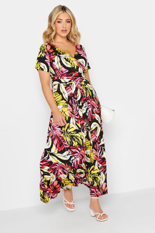 YOURS Plus Size Black Leaf Print Front Tie Maxi Dress | Yours Clothing 1