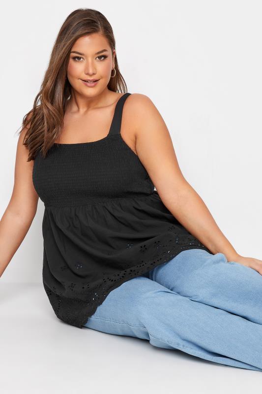 Plus Size Black Shirred Broderie Anglaise Vest Top | Yours Clothing 4