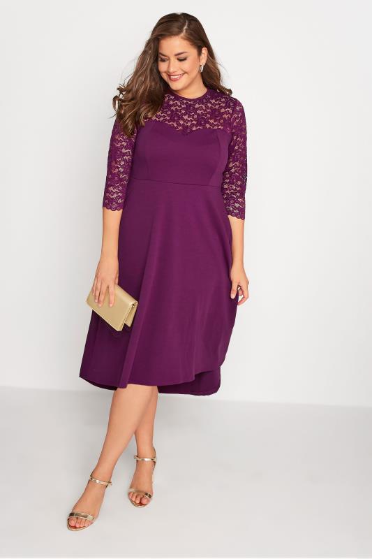 YOURS LONDON Plus Size Purple Lace Sweetheart Midi Dress | Yours Clothing 1