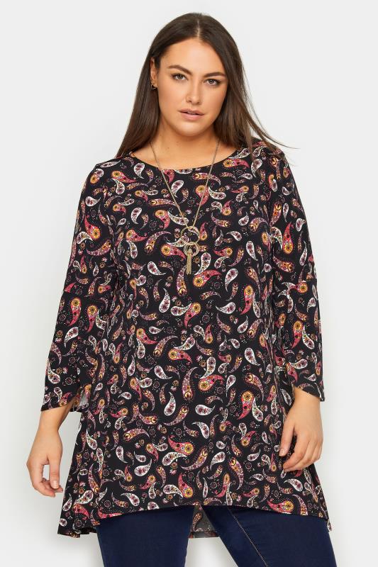Plus Size  Evans Black Paisley Frill Sleeve Tunic Top