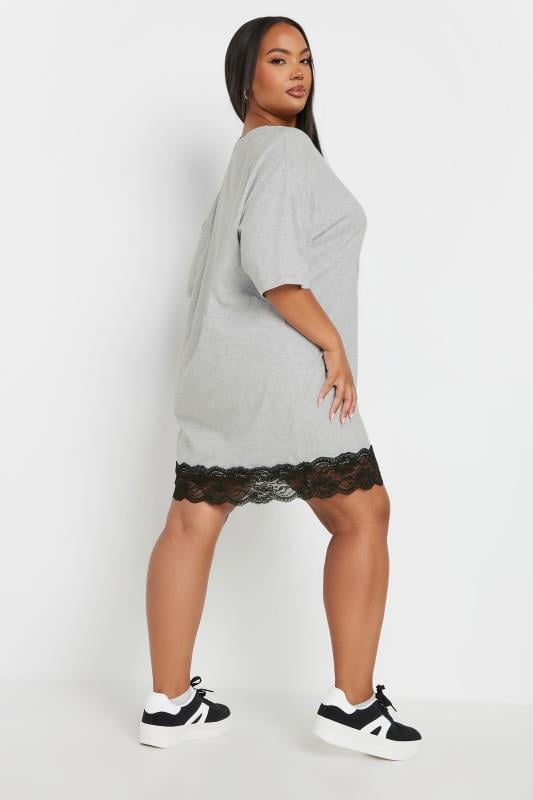 YOURS Plus Size Grey Lace Trim Oversized T-Shirt Dress | Yours Clothing 3