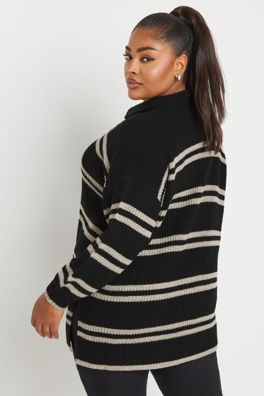 YOURS Plus Size Black Stripe Quarter Zip Knitted Jumper | Yours Clothing 3