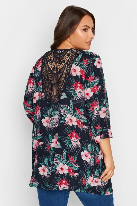 YOURS Plus Size Navy Blue Tropical Crochet Back Kimono | Yours Clothing 1
