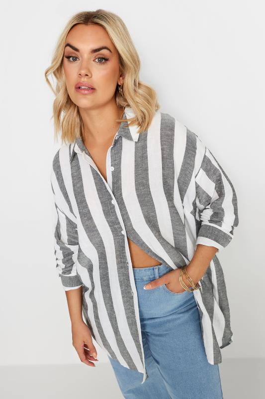 YOURS Curve White & Grey Striped Linen Shirt 1