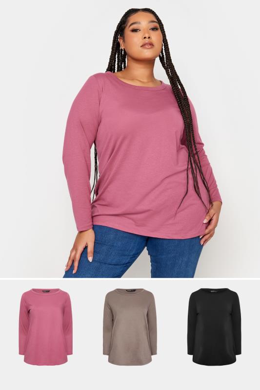 YOURS 3 PACK Plus Size Pink & Black Long Sleeve Tops | Yours Clothing 1