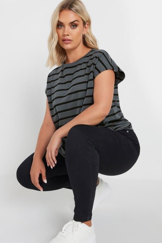 YOURS Plus Size Charcoal Grey Stripe Grown On Sleeve T-Shirt | Yours Clothing  1