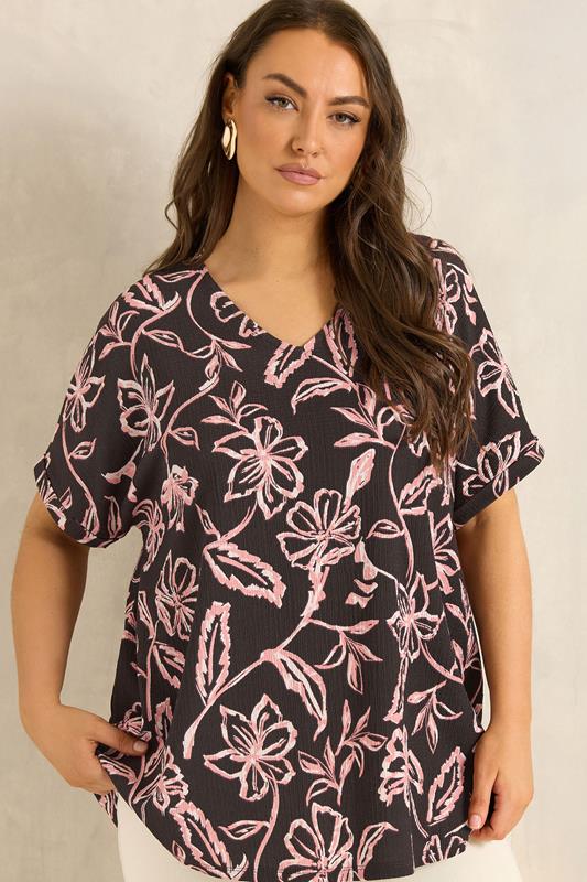 EVANS Curve Chocolate Brown Floral Crinkle Top