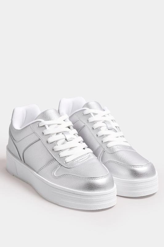 Silver Metallic Chunky Lace Up Trainers In Wide E Fit | Yours Clothing 2