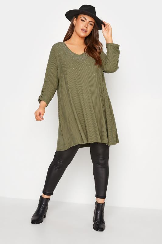 Plus Size Khaki Green Stud Embellished Top | Yours Clothing  2
