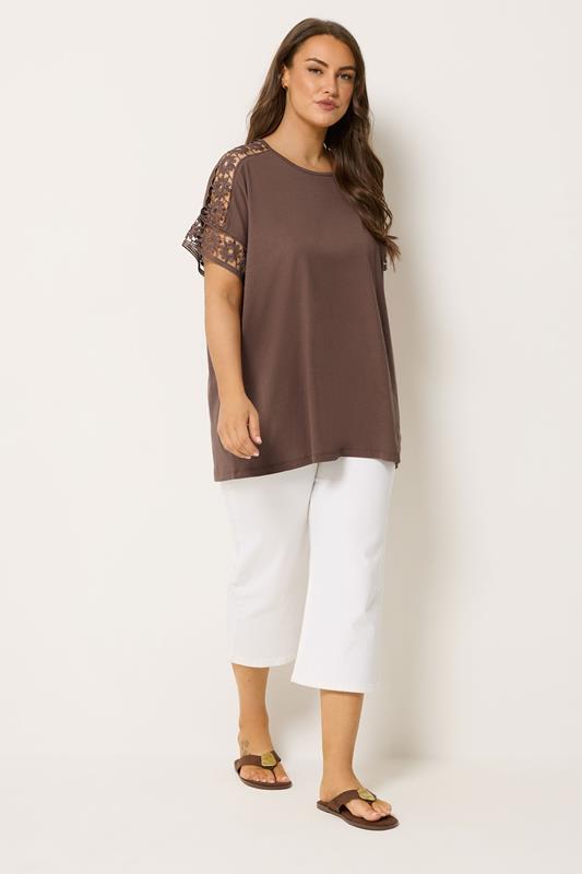 YOURS Plus Size Brown Crochet T-Shirt | Yours Clothing 1