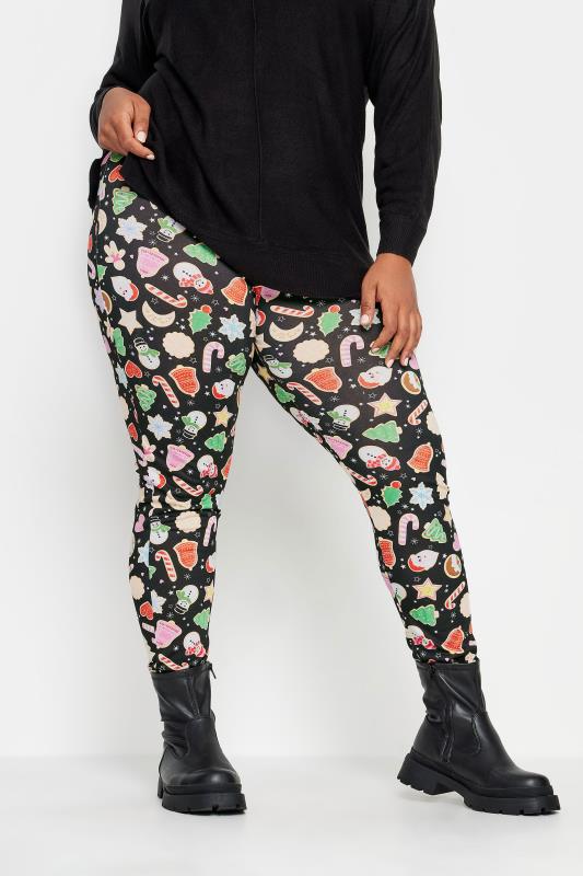 YOURS Plus Size Black Christmas Cookie Print Leggings | Yours Clothing 1
