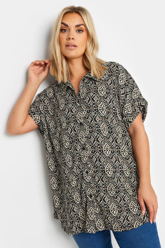 YOURS Plus Size Black Geometric Print Button Front Shirt | Yours Clothing 1