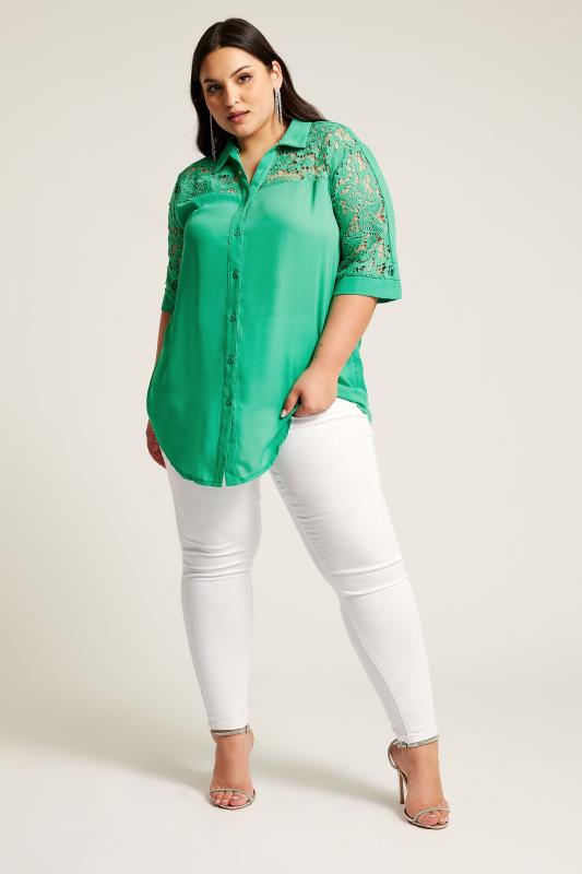YOURS LONDON Plus Size Green Lace Sleeve Shirt | Yours Clothing 1