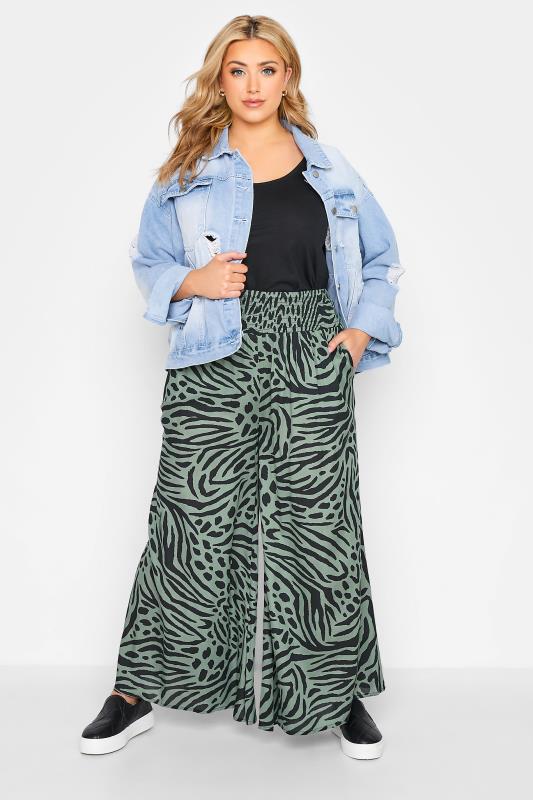 Plus Size Green Animal Print Wide Leg Trousers | Yours Clothing 2