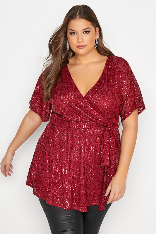 Plus Size  YOURS LONDON Red Sequin Embellished Wrap Top