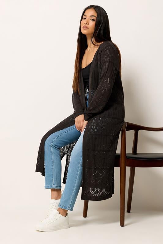  M&Co Petite – Lange Strickjacke in Schokobraun mit Pointelle-Muster