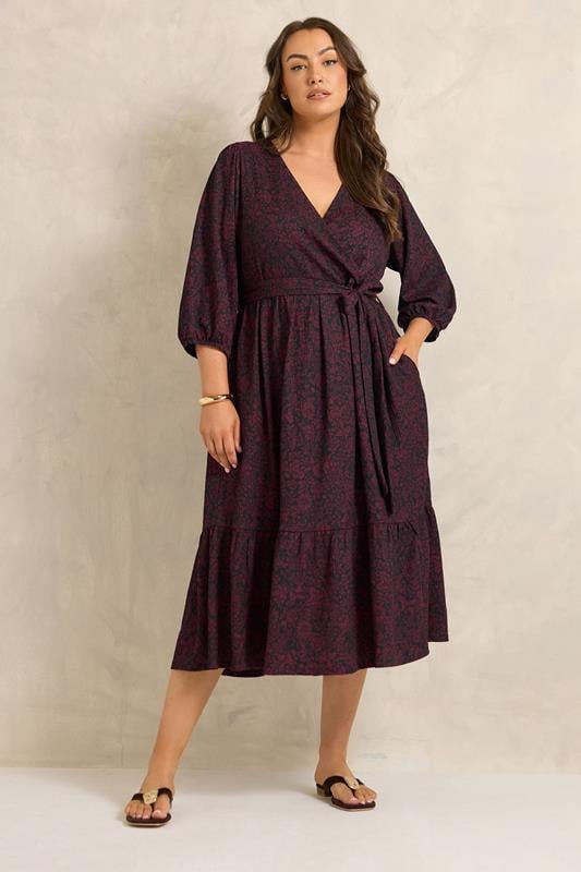  EVANS Curve Red Berry Floral Wrap Dress