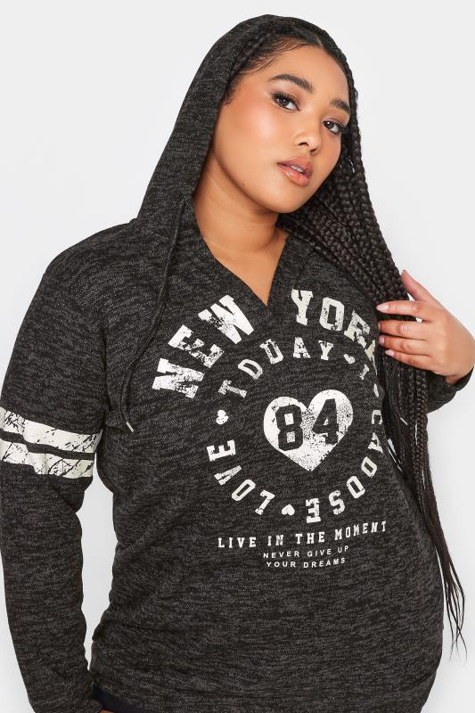 YOURS Plus Size Black 'New York' Slogan Varsity V-Neck Hoodie | Yours Clothing 4