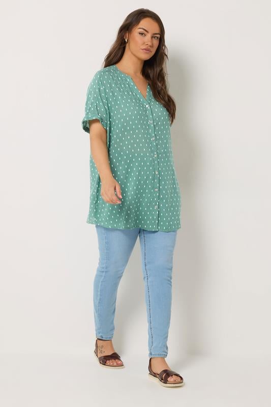 YOURS Plus Size Sage Green Dobby Notch Neck Blouse | Yours Clothing 1