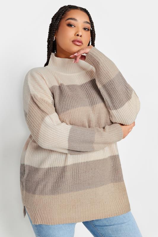 Plus Size  YOURS Curve Beige Brown Stripe High Neck Knitted Jumper