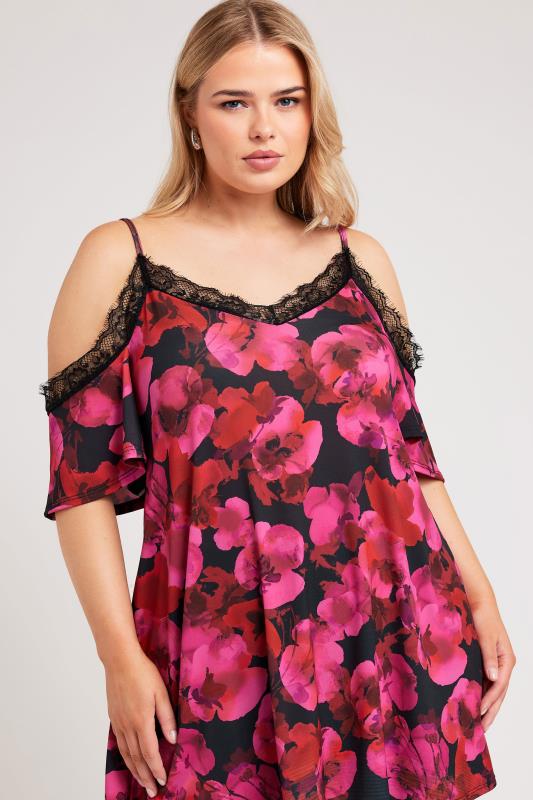 YOURS LONDON Plus Size Pink Floral Print Lace Cold Shoulder Top | Yours Clothing 1