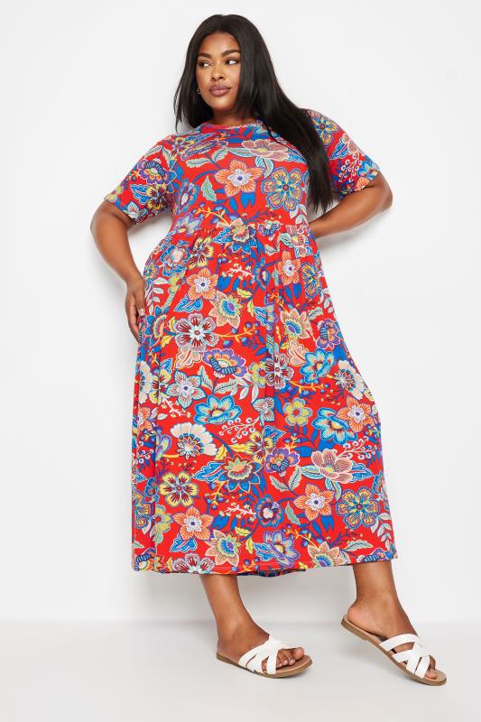 YOURS Plus Size Red Floral Print Midi Smock Dress | Yours Clothing 1