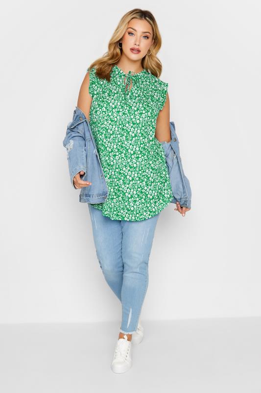 YOURS Plus Size Green Floral Print Frill Sleeve Blouse | Yours Clothing 2
