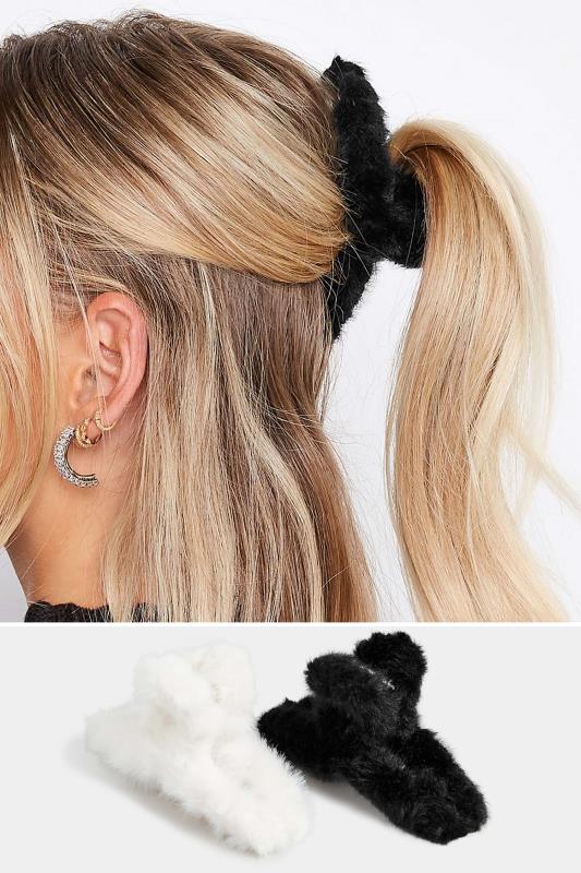 Plus Size  Yours 2 PACK White & Black Faux Fur Hair Claw Clips