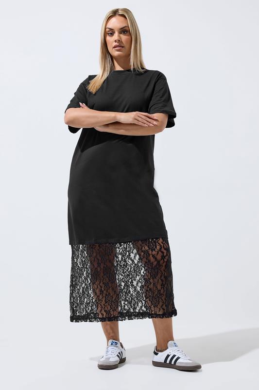 LIMITED COLLECTION Plus Size Black Lace Trim T-Shirt Dress | Yours Clothing 2