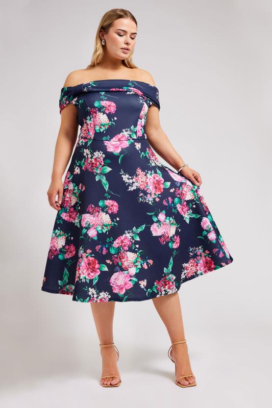 YOURS LONDON Curve Navy Blue Floral Bardot Skater Dress | Yours Clothing 1