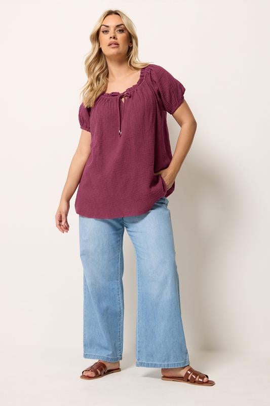 YOURS Plus Size Burgundy Red Dobby Bardot Cheesecloth Top | Yours Clothing 1