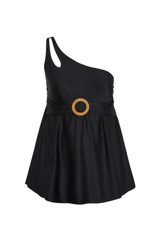 Plus Size  Black One Shoulder Belted Swim Dress