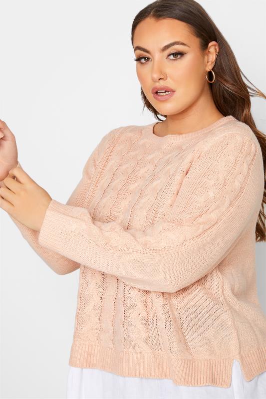 Plus Size Curve Light Pink 2 In 1 Poplin Hem Cable Knitted Jumper | Yours Clothing 4
