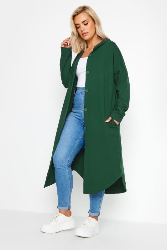  Tallas Grandes YOURS Curve Green Button Through Hooded Maxi Jacket