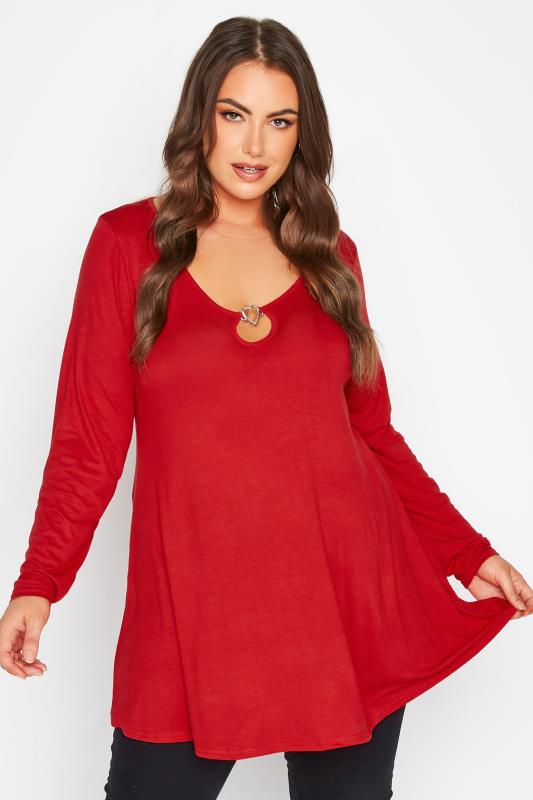 LIMITED COLLECTION Plus Size Red Heart Trim Cut Out Top | Yours Clothing 1