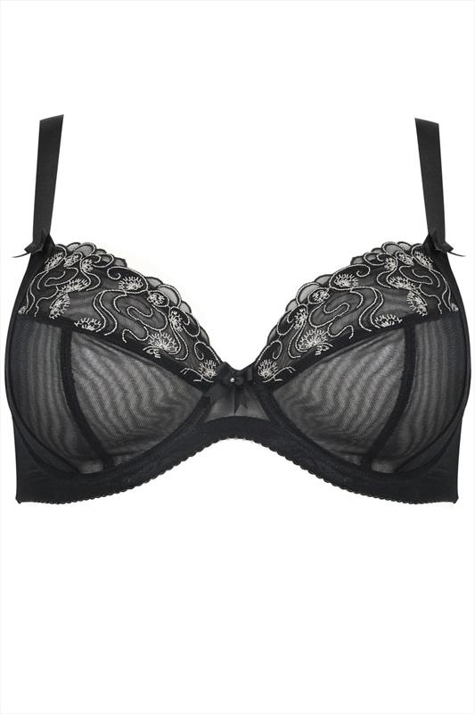 Black Mesh Embroidered Underwired Non Padded Bra | Yours Clothing