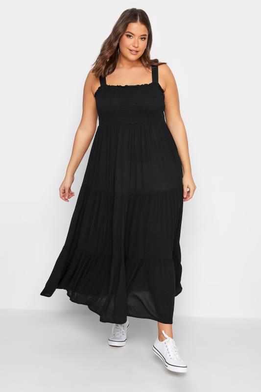 YOURS Curve Plus Size Black Shirred Strappy Midi Dress | Yours Clothing  1