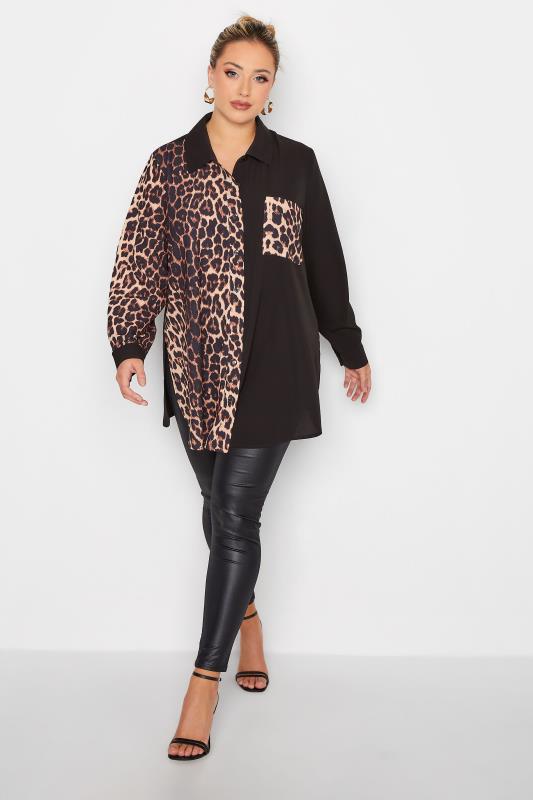 YOURS LONDON Plus Size Curve Black Leopard Print Half & Half Shirt | Yours Clothing 2