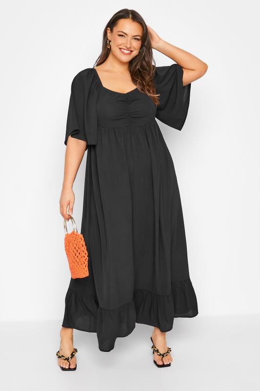 LIMITED COLLECTION Curve Black Ruched Angel Sleeve Dress 1