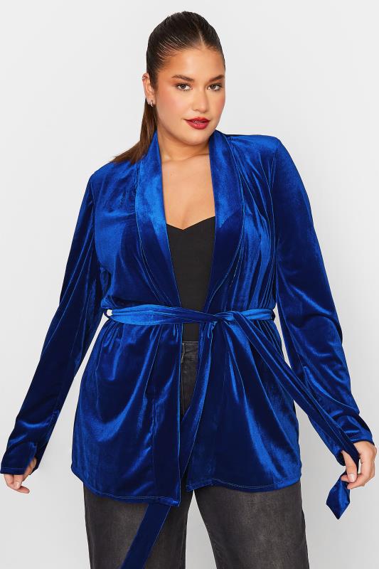  Grande Taille LTS Tall Bright Blue Velvet Belted Blazer