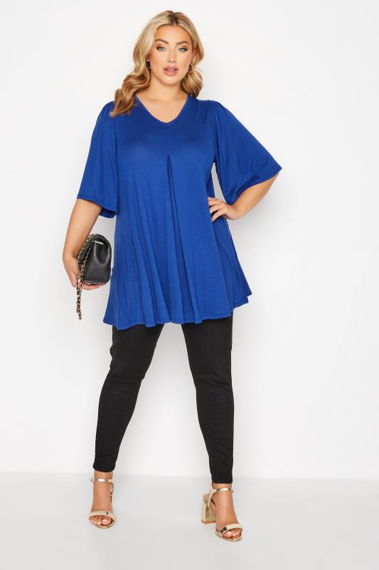 Plus Size Cobalt Blue Pleat Angel Sleeve Swing Top | Yours Clothing 2
