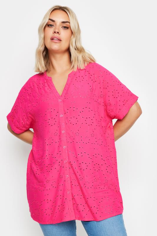 Plus Size  YOURS Curve Hot Pink Broderie Anglaise Notch Neck Shirt