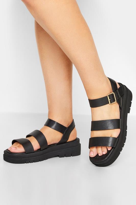 Black Triple Strap Gladiator Sandals In Wide E Fit & Extra Wide EEE Fit | Yours Clothing 1