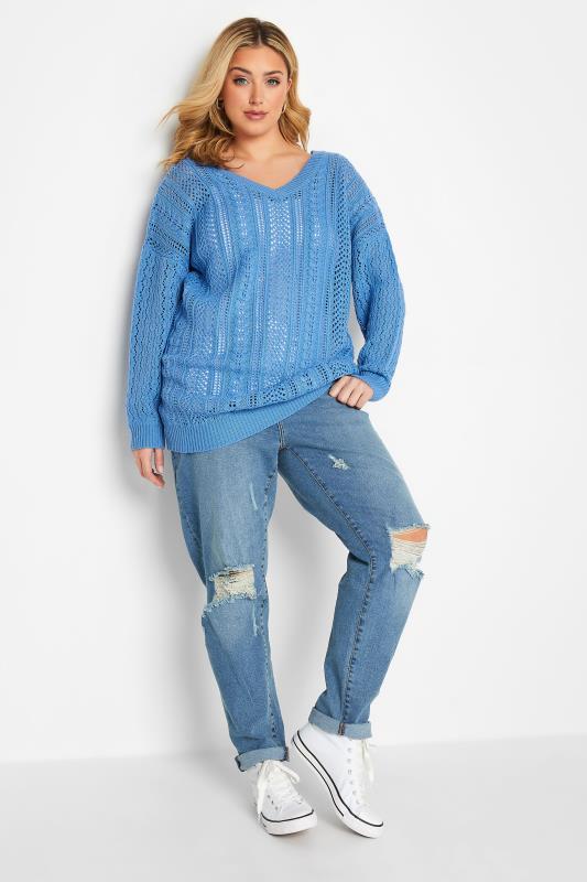 Curve Plus Size Blue V-Neck Knitted Stitch Jumper | Yours Clothing  2