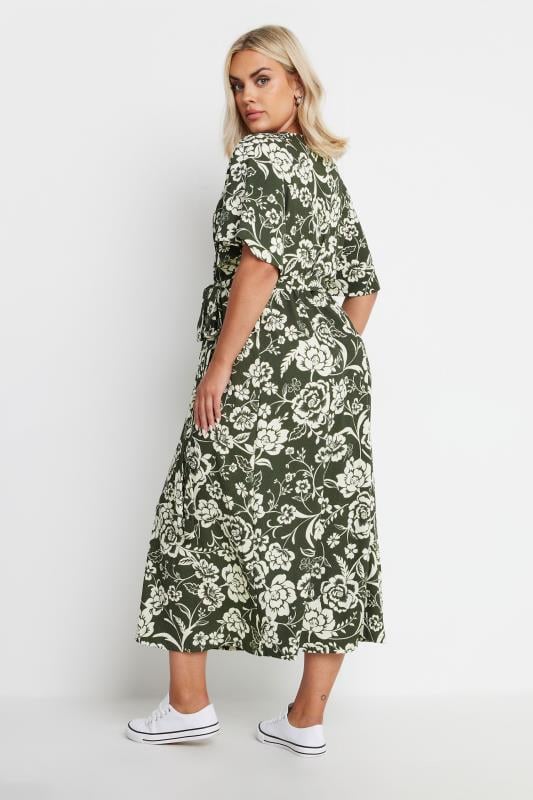 YOURS Plus Size Khaki Green Floral Print Textured Wrap Dress | Yours Clothing 3